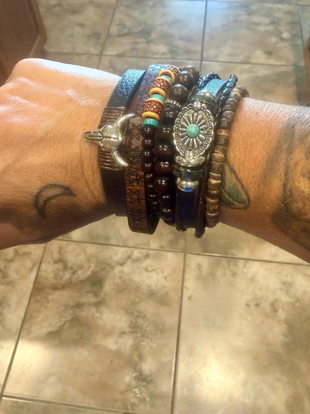 Retro Western Cowboy Style Faux Turquoise Bull Head Pendant Leather Bracelet Set